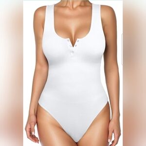 Popilush White Button Down Sleeveless Tummy Control Tank Top Bodysuit Size XS/S